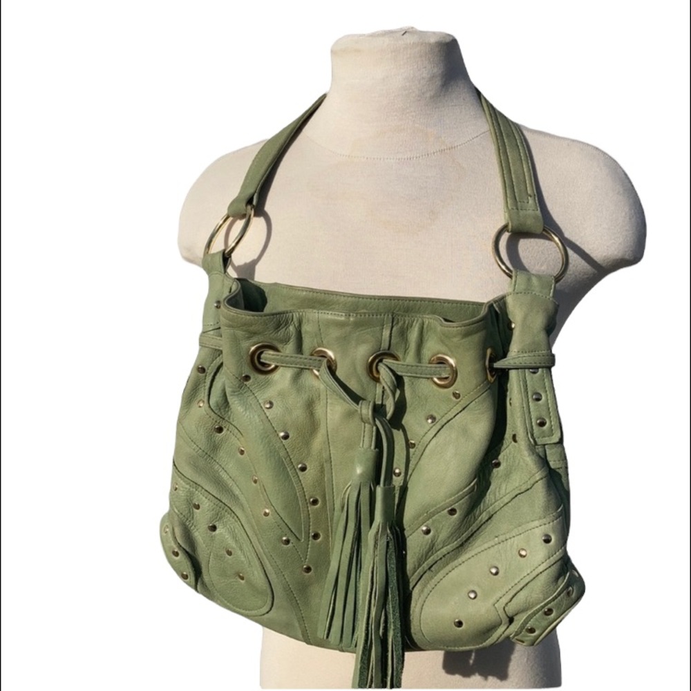 EUC BULGA Soft Leather Butterfly Bag Studded Tassel Sea-foam Green